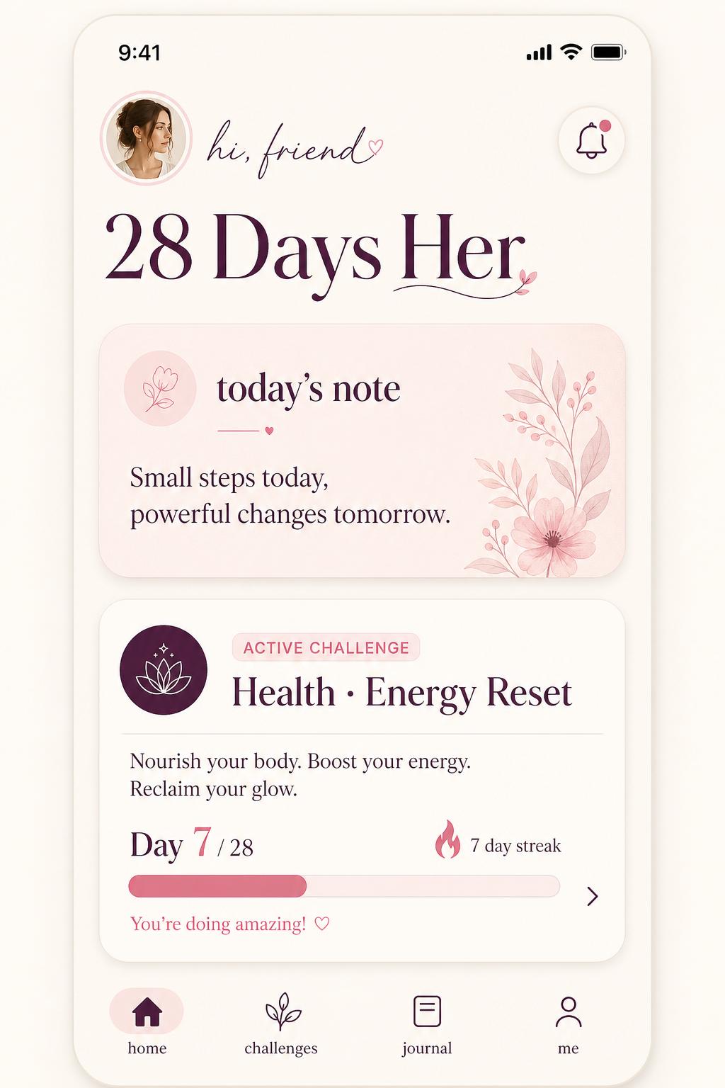 Your Dashboard screen of the 28 Days Her app